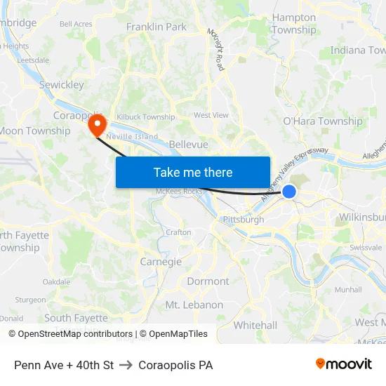 Penn Ave + 40th St to Coraopolis PA map