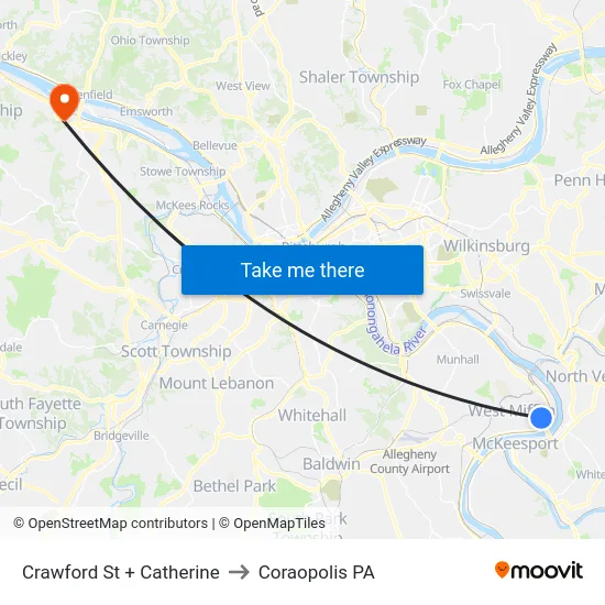 Crawford St + Catherine to Coraopolis PA map