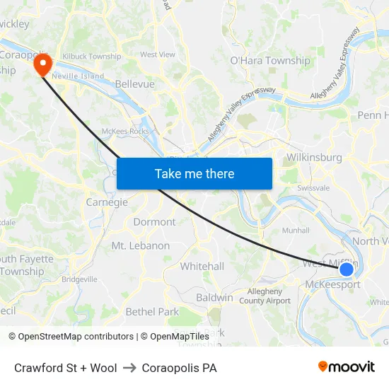 Crawford St + Wool to Coraopolis PA map