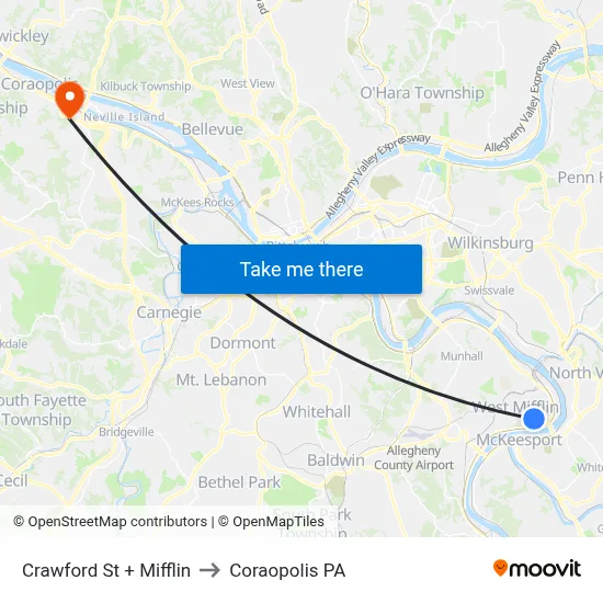 Crawford St + Mifflin to Coraopolis PA map