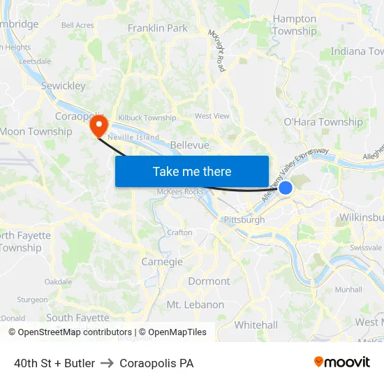 40th St + Butler to Coraopolis PA map