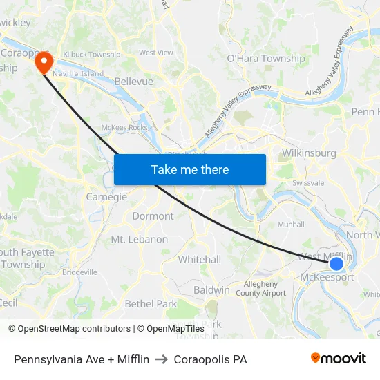 Pennsylvania Ave + Mifflin to Coraopolis PA map
