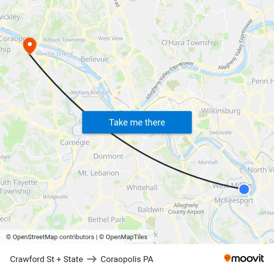 Crawford St + State to Coraopolis PA map