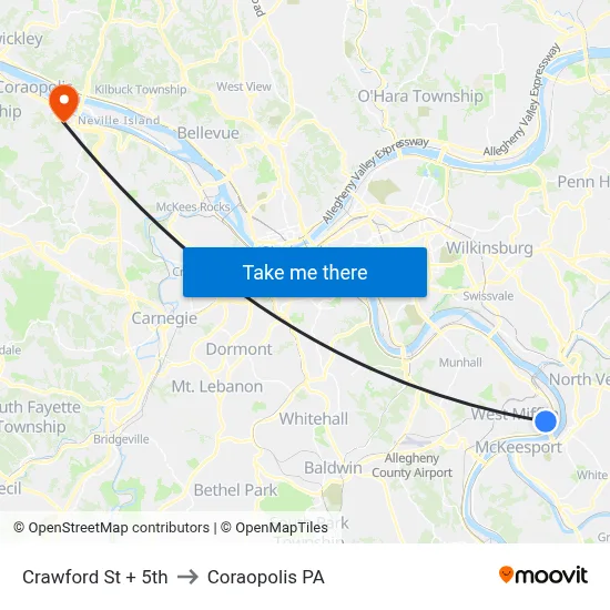 Crawford St + 5th to Coraopolis PA map
