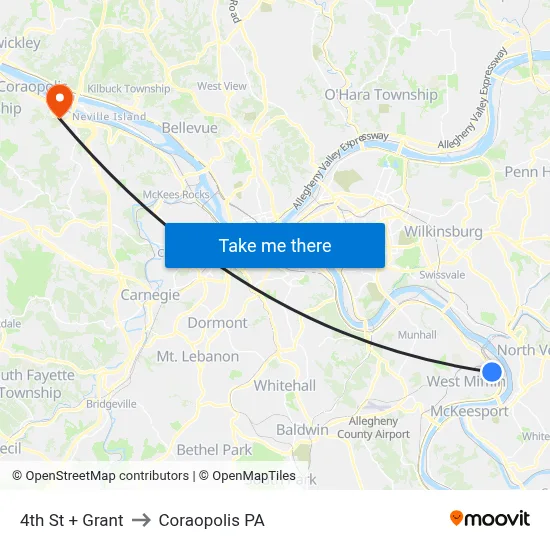 4th St + Grant to Coraopolis PA map