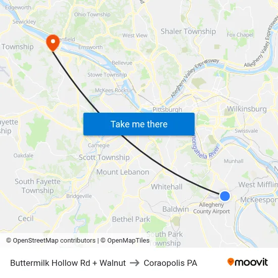 Buttermilk Hollow Rd + Walnut to Coraopolis PA map