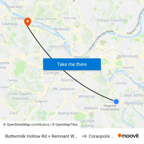 Buttermilk Hollow Rd + Remnant World to Coraopolis PA map