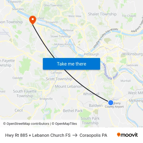 Hwy Rt 885 + Lebanon Church FS to Coraopolis PA map