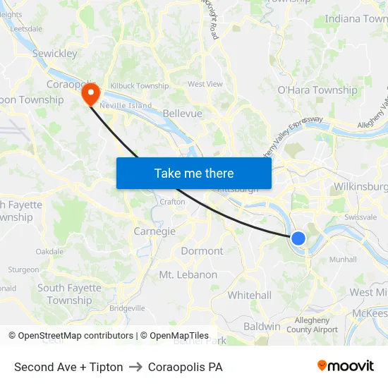Second Ave + Tipton to Coraopolis PA map