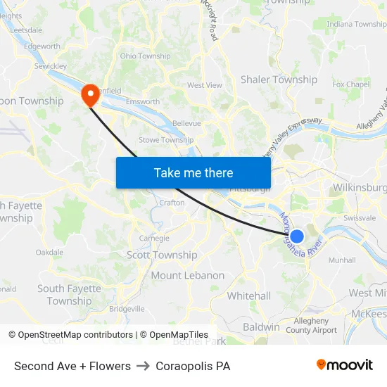 Second Ave + Flowers to Coraopolis PA map