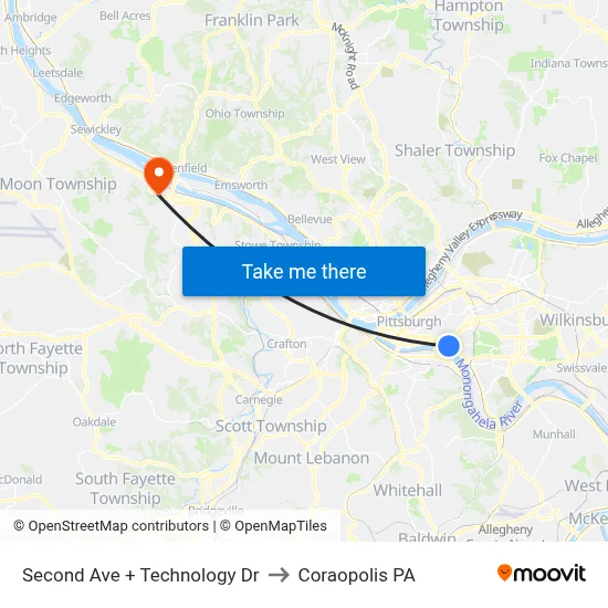 Second Ave + Technology Dr to Coraopolis PA map