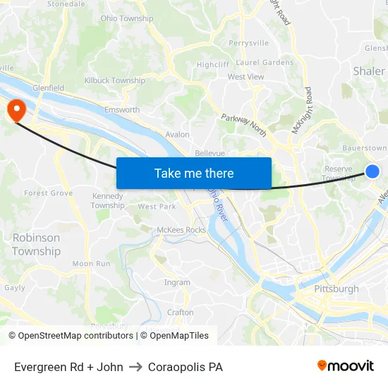 Evergreen Rd + John to Coraopolis PA map