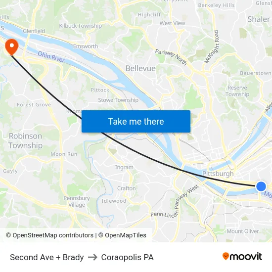 Second Ave + Brady to Coraopolis PA map