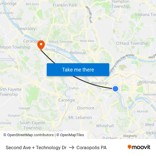 Second Ave + Technology Dr to Coraopolis PA map
