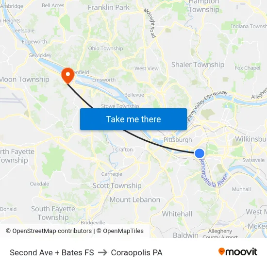 Second Ave + Bates FS to Coraopolis PA map