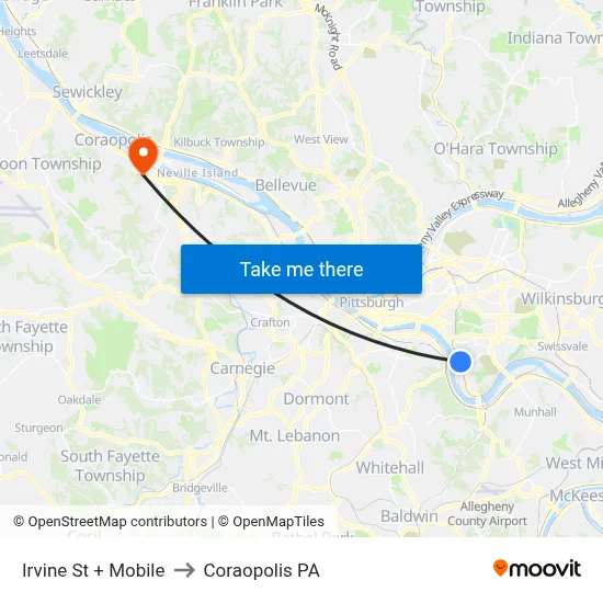 Irvine St + Mobile to Coraopolis PA map