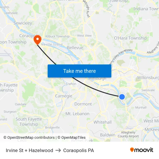 Irvine St + Hazelwood to Coraopolis PA map