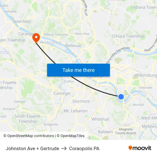 Johnston Ave + Gertrude to Coraopolis PA map