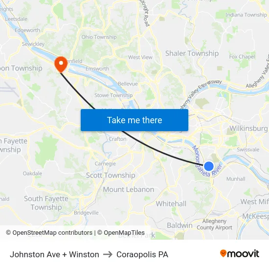 Johnston Ave + Winston to Coraopolis PA map