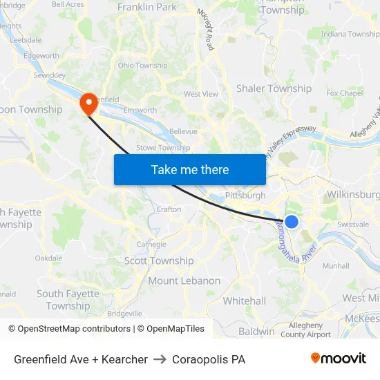 Greenfield Ave + Kearcher to Coraopolis PA map