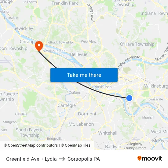 Greenfield Ave + Lydia to Coraopolis PA map