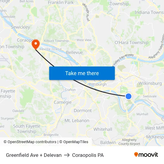 Greenfield Ave + Delevan to Coraopolis PA map