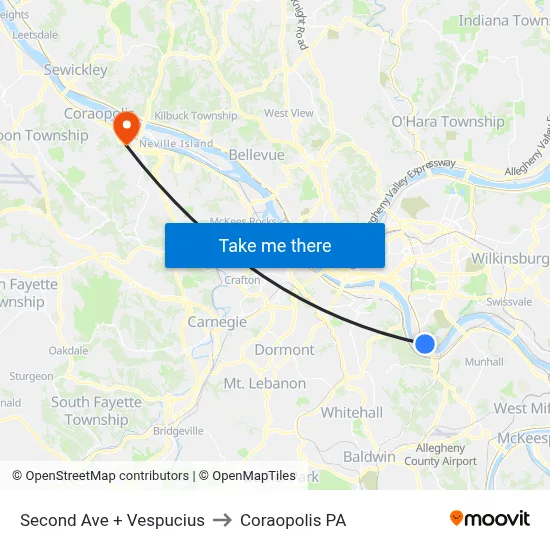 Second Ave + Vespucius to Coraopolis PA map