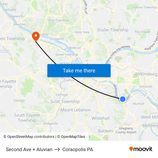 Second Ave + Aluvian to Coraopolis PA map