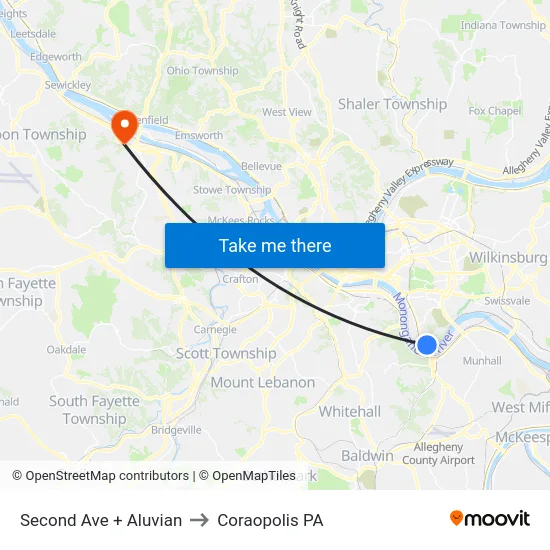 Second Ave + Aluvian to Coraopolis PA map