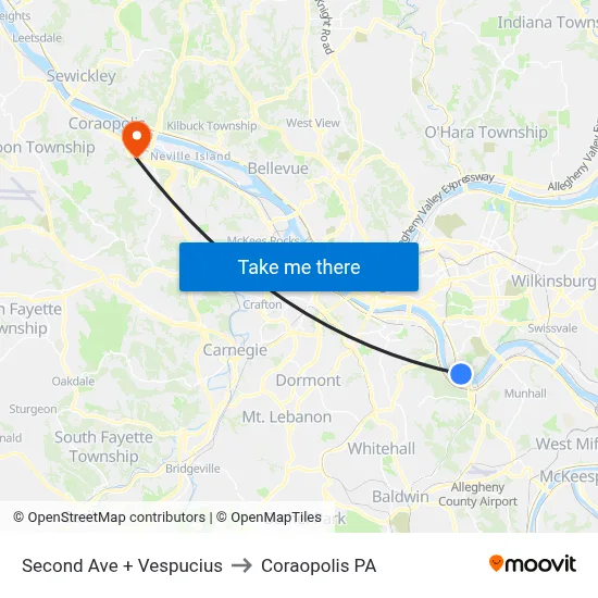Second Ave + Vespucius to Coraopolis PA map
