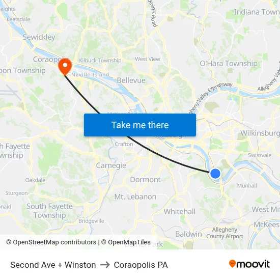 Second Ave + Winston to Coraopolis PA map