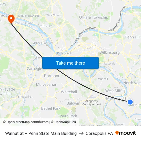 Walnut St + Penn State Main Building to Coraopolis PA map
