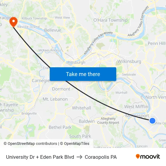 University Dr + Eden Park Blvd to Coraopolis PA map