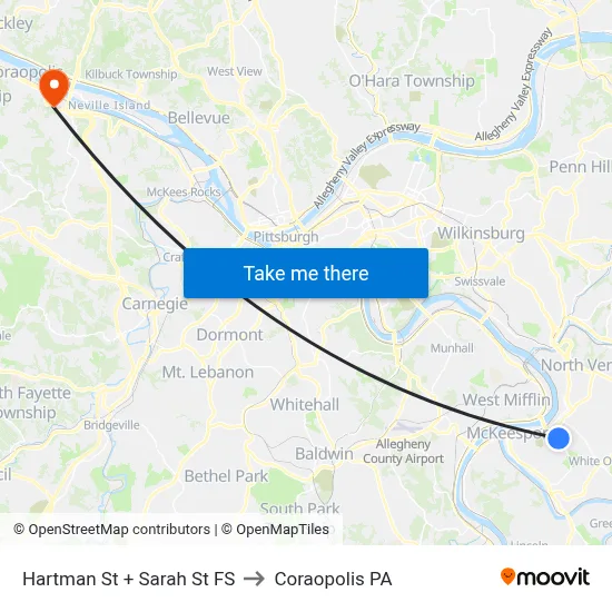 Hartman St + Sarah St FS to Coraopolis PA map