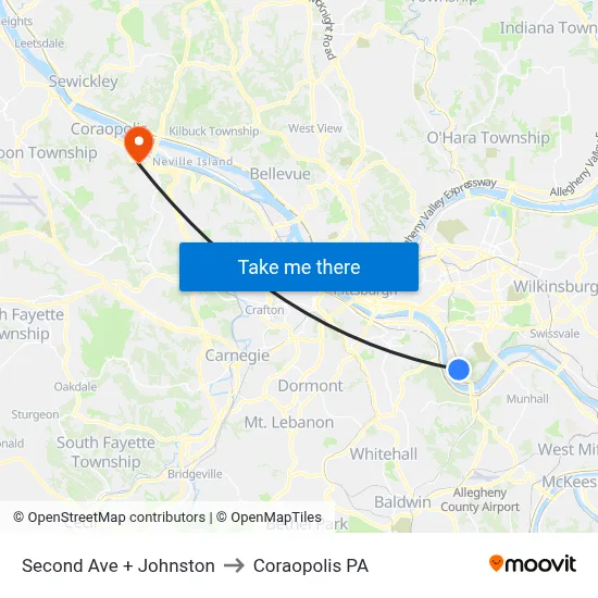 Second Ave + Johnston to Coraopolis PA map
