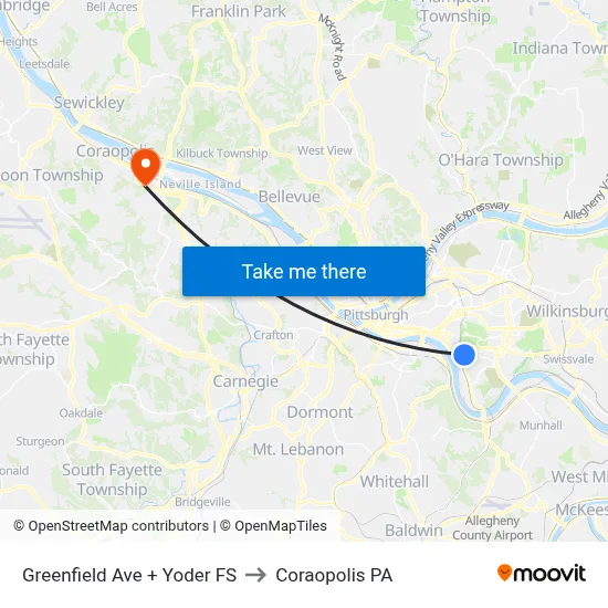 Greenfield Ave + Yoder FS to Coraopolis PA map