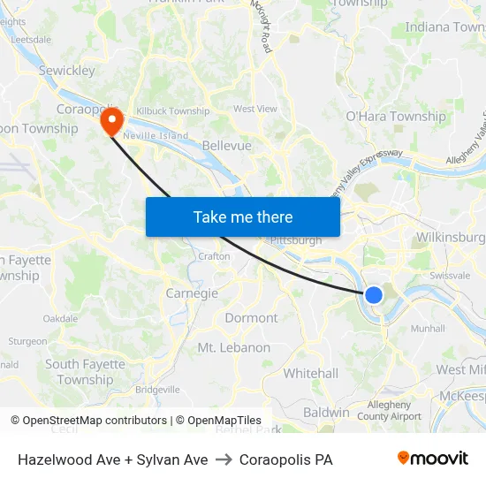 Hazelwood Ave + Sylvan Ave to Coraopolis PA map