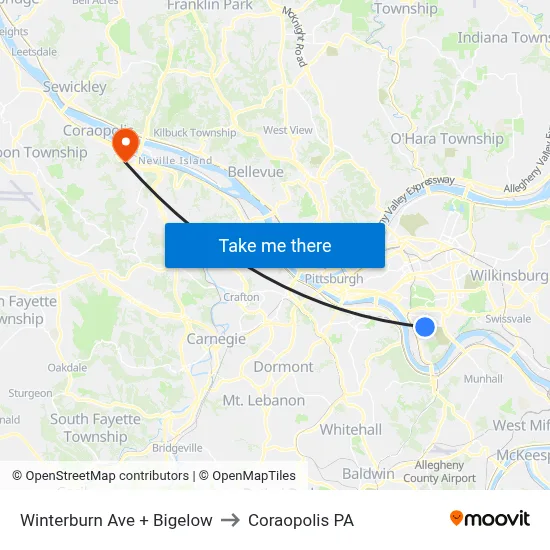 Winterburn Ave + Bigelow to Coraopolis PA map