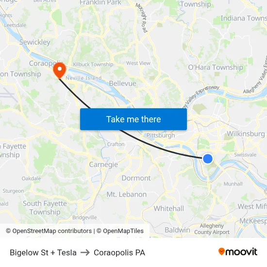 Bigelow St + Tesla to Coraopolis PA map