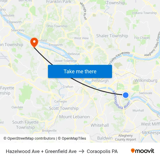 Hazelwood Ave + Greenfield Ave to Coraopolis PA map