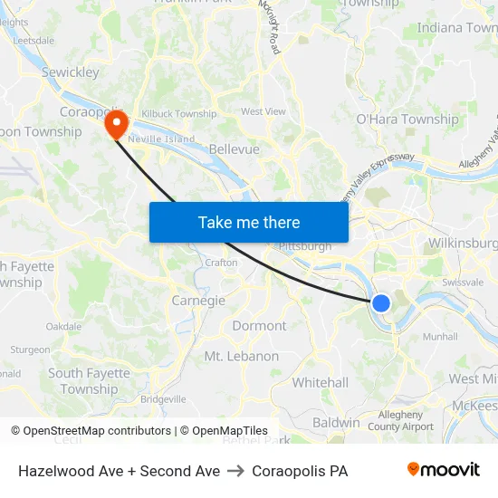 Hazelwood Ave + Second Ave to Coraopolis PA map