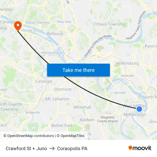 Crawford St + Juno to Coraopolis PA map