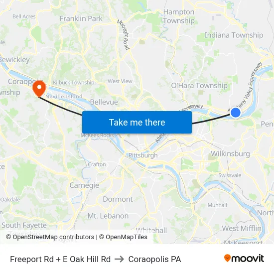 Freeport Rd + E Oak Hill Rd to Coraopolis PA map