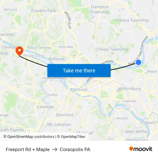 Freeport Rd + Maple to Coraopolis PA map