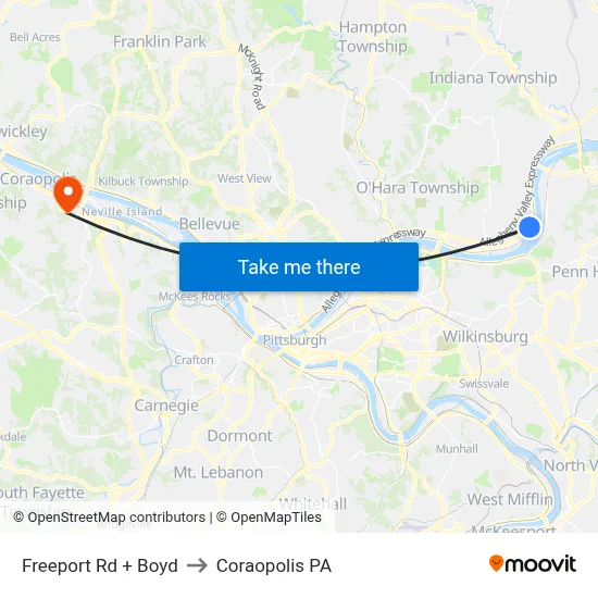 Freeport Rd + Boyd to Coraopolis PA map