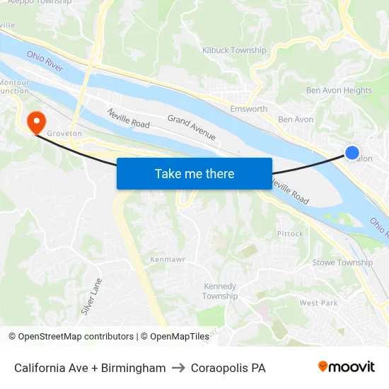 California Ave + Birmingham to Coraopolis PA map