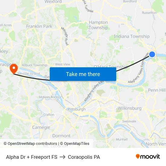 Alpha Dr + Freeport FS to Coraopolis PA map