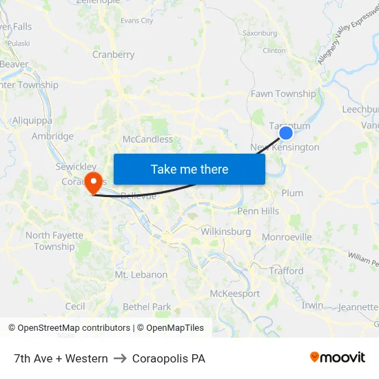 7th Ave + Western to Coraopolis PA map