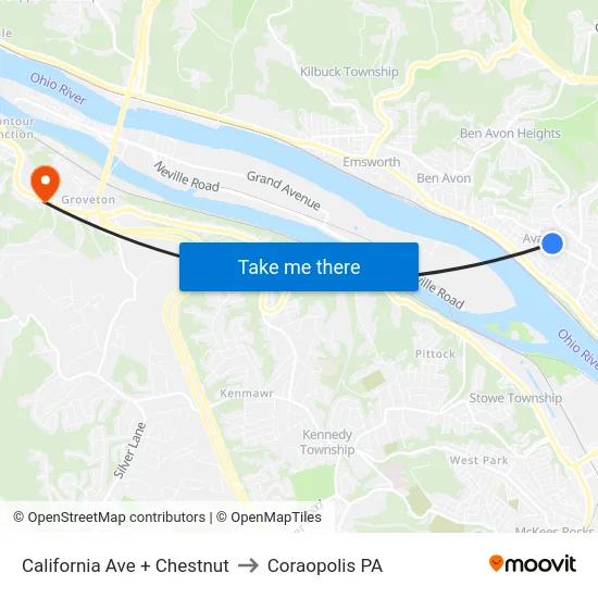 California Ave + Chestnut to Coraopolis PA map