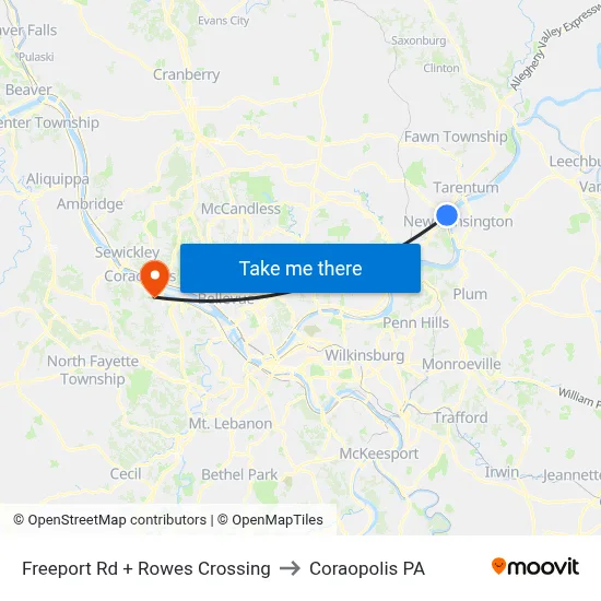 Freeport Rd + Rowes Crossing to Coraopolis PA map